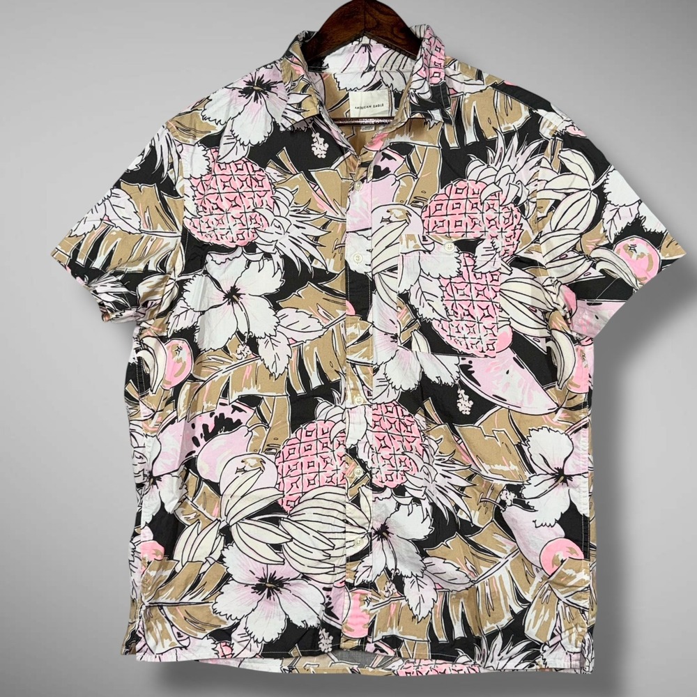 American Eagle Floral Pineapple Print Button Up Hawaiian Shirt Large